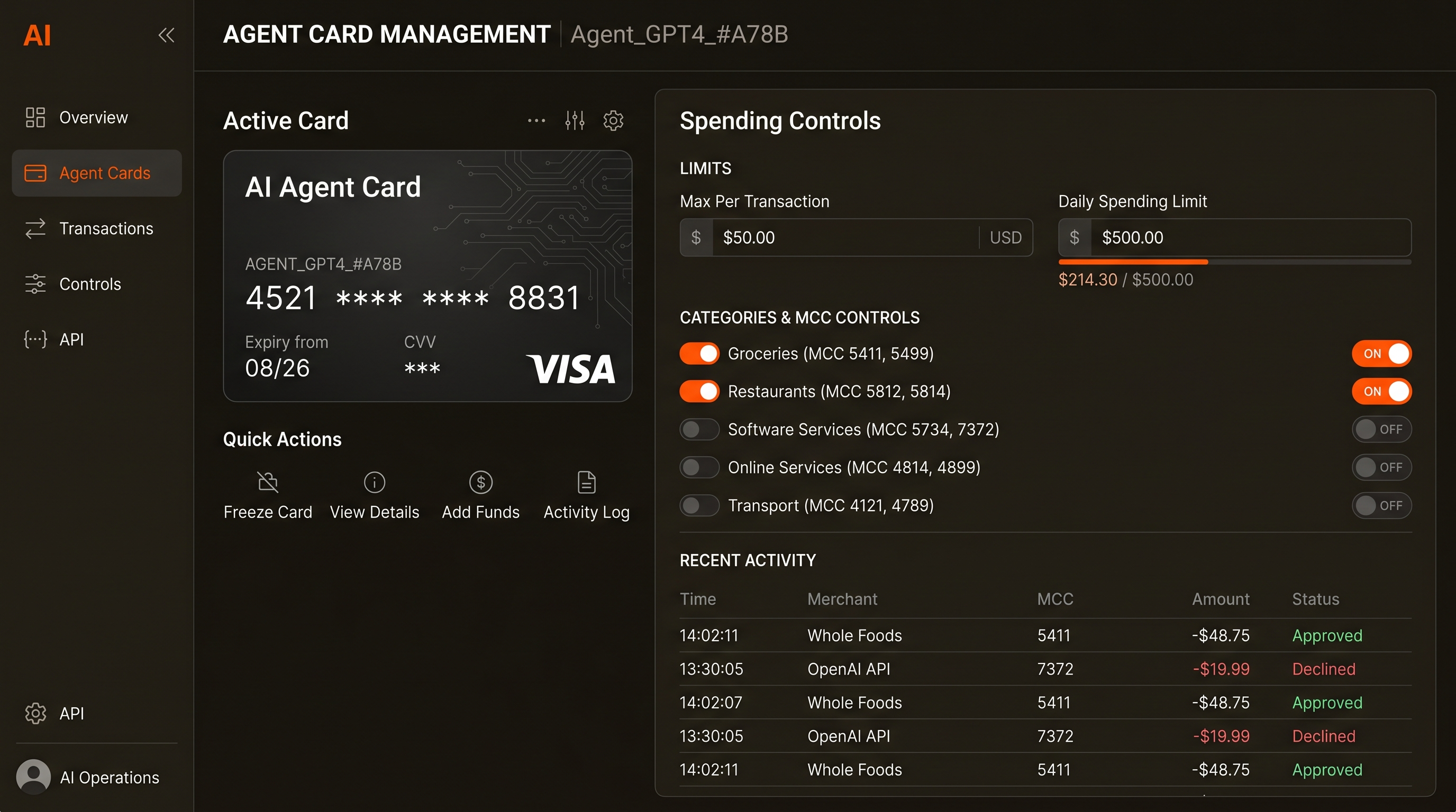 AI agent virtual card dashboard with spending controls and MCC restrictions
